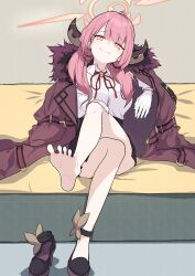 Rule 34 | 1girl, aru (blue archive), barefoot, blue archive, crossed legs, dbchang teikoku, feet, hand on own knee, highres, light blush, long hair, looking at viewer, pink hair, shoes, unworn shoes, smile, soles, toes, yellow eyes