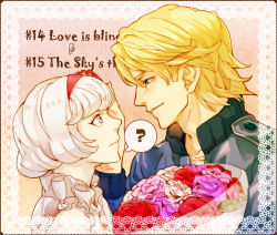 Rule 34 | 10s, 1boy, 1girl, ?, bad id, bad pixiv id, blonde hair, blue eyes, blue jacket, bob cut, bomber jacket, bouquet, cis (tiger &amp; bunny), couple, eye contact, flower, hand on another&#039;s face, hassaku (kuramatengu), hetero, jacket, keith goodman, looking at another, smile, tiger &amp; bunny, white hair