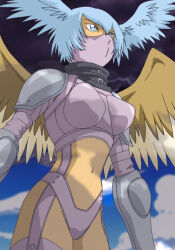 Rule 34 | 1girl, armor, digimon, digimon (creature), digimon frontier, female focus, head wings, highres, mask, navel, revealing clothes, screencap, short hair, shutumon, sky, third-party edit, toei animation, wide hips, wings