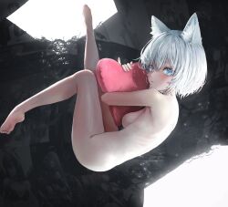 Rule 34 | 1girl, absurdres, animal ear fluff, animal ears, barefoot, blue eyes, breasts, cat ears, completely nude, from behind, heart, heart-shaped pillow, highres, hugging object, leg up, looking at viewer, looking back, medium breasts, nude, original, pillow, pillow hug, short hair, solo, suang, white hair