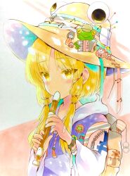 1girl accordion backpack badge bag bandaid beamed_eighth_notes blonde_hair blue_ribbon blush_stickers chain commentary_request daruma_doll doll eighth_note flute frog green_ribbon hair_ribbon hat hat_ribbon highres hood hoodie instrument long_sleeves looking_at_viewer medium_hair moriya_suwako music musical_note orange_ribbon parted_bangs pin playing_instrument purple_vest quarter_note red_ribbon revision ribbon snake solo touhou traditional_media treble_clef trinkets upper_body vest white_hoodie white_snake wristband yellow_eyes yuzugoori zipper