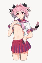 Rule 34 | 1boy, astolfo (fate), astolfo (sailor paladin) (fate), braid, clothes lift, crossdressing, fate/apocrypha, fate/grand order, fate (series), hair intakes, hair ribbon, long hair, looking at viewer, male focus, navel, nipples, official alternate costume, pink hair, purple eyes, purple hair, red sailor collar, red skirt, ribbon, sailor collar, school uniform, serafuku, shirt lift, simple background, skirt, smile, solo, tenobe, trap, white background