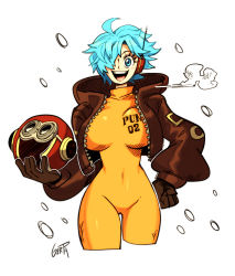 Rule 34 | 1girl, artist name, blue eyes, blue hair, bodysuit, breasts, curvy, gerph, hair over one eye, hand on own hip, helmet, highres, holding, holding helmet, jacket, large breasts, looking at viewer, one piece, open mouth, short hair, simple background, smile, vegapunk lilith, white background, wide hips, yellow bodysuit