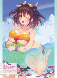 Rule 34 | 1girl, animal, ball, bare shoulders, beachball, bikini, blue sky, blush, bow, bracelet, breasts, cleavage, cloud, cloudy sky, clownfish, collarbone, coral, day, fingernails, fish, frills, hair bow, highres, jewelry, large breasts, looking at viewer, mataro (matarou), melonbooks, one eye closed, open mouth, original, outdoors, partially submerged, rainbow, scan, shiny skin, short twintails, side-tie bikini bottom, sky, smile, solo, star (symbol), star print, swimsuit, twintails, water, water drop