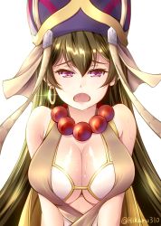 Rule 34 | 1girl, bad id, bad nicoseiga id, beads, breasts, cleavage, commentary request, cowboy shot, earrings, fate/grand order, fate (series), green hair, hair between eyes, hat, hikaru 310, jewelry, large breasts, long hair, looking at viewer, necklace, open mouth, prayer beads, purple eyes, solo, twitter username, upper body, xuangzang sanzang (fate)