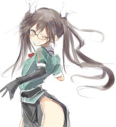 Rule 34 | 10s, 1girl, bottomless, brown eyes, brown hair, dress, glasses, gloves, grin, highres, kantai collection, nao (qqqbb), no panties, one eye closed, pelvic curtain, smile, solo, tone (kancolle), twintails, wink