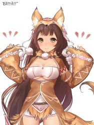 Rule 34 | 1girl, animal costume, animal ears, arms up, artist name, blush, breasts, brown hair, cleavage, cowboy shot, fox costume, fox ears, fox tail, fur collar, highres, jacket, large breasts, long hair, looking at viewer, original, pipin (sennen sensou aigis), pippin (sennen sensou aigis), sennen sensou aigis, smile, solo, strapless, tail, tube top, underboob, very long hair, white background, wide sleeves, yaman (yamanta lov), yellow eyes