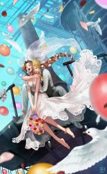 Rule 34 | 1boy, 1girl, aerith gainsborough, anklet, balloon, barefoot, bird, black pants, blonde hair, bouquet, braid, breasts, bridal veil, brown hair, cleavage, closed eyes, cloud strife, couple, dress, dress shoes, falling feathers, feathers, final fantasy, final fantasy vii, final fantasy vii remake, flower, hair ornament, hair ribbon, halu-ca, high heels, highres, holding, holding bouquet, hug, hug from behind, jewelry, medium breasts, open mouth, pants, parted bangs, ribbon, shirt, shoes, sidelocks, sleeves rolled up, spiked hair, square enix, unworn shoes, veil, vest, wedding, wedding dress, white shirt