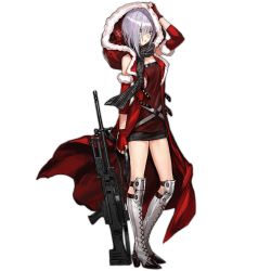 Rule 34 | 1girl, blush, boots, breasts, buckle, cape, cleavage, cleavage cutout, clenched hands, clothing cutout, cross, cross-laced footwear, dress, eyebrows, fingerless gloves, full body, fur-trimmed cape, fur-trimmed sleeves, fur trim, gift, girls&#039; frontline, gloves, green eyes, grey hair, gun, hair between eyes, hair over one eye, high heel boots, high heels, holding, holding gun, holding weapon, hood, hoodie, infukun, iron cross, knee pads, lace-up boots, looking at viewer, machine gun, medium breasts, mg5, mg5 (crimson guardian) (girls&#039; frontline), mg5 (girls&#039; frontline), miniskirt, official alternate costume, personification, red cape, red gloves, scarf, short hair, short sleeves, skirt, solo, standing, transparent background, weapon
