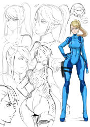 Rule 34 | 1girl, ass, blonde hair, blue eyes, bodysuit, breasts, butcha-u, character sheet, collage, covered navel, curvy, english text, engrish text, female focus, hand on own hip, holster, huge ass, long hair, metroid, metroid: other m, metroid (creature), mole, mole under mouth, nintendo, ponytail, ranguage, samus aran, simple background, sketch, solo, thigh holster, white background, wide hips, zero suit