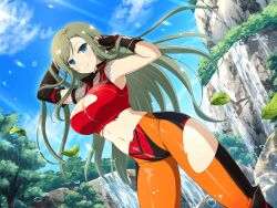 Rule 34 | 1girl, armor, armpits, black gloves, blue eyes, blush, bodysuit, boulder, breasts, cleavage, cliff, elbow gloves, falling leaves, fingerless gloves, fishnet top, fishnets, forest, fuga (senran kagura), gloves, green hair, japanese armor, kote, large breasts, leaf, lens flare, light rays, linea alba, long hair, looking at viewer, midriff, mole, mole under eye, nature, navel, official alternate costume, official art, senran kagura, senran kagura new link, senran kagura new wave, smile, solo, standing, sunbeam, sunlight, swept bangs, torn bodysuit, torn clothes, torn gloves, tree, water, water drop, waterfall, yaegashi nan, zipper