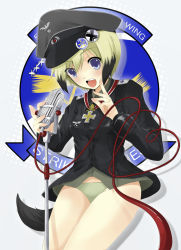 Rule 34 | 1girl, badge, blonde hair, blue eyes, blush, brown hair, cable, cross, erica hartmann, haru (matatabi sanjou), hat, highres, iron cross, microphone, microphone stand, military, military uniform, multicolored hair, no pants, open mouth, panties, peaked cap, shadow, short hair, solo, source request, strike witches, tail, two-tone hair, underwear, uniform, vintage microphone, world witches series