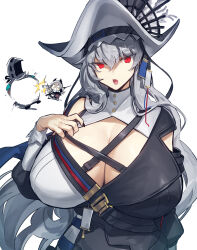 Rule 34 | 1boy, 1girl, 2girls, alternate breast size, arknights, bad id, bad twitter id, black dress, black headwear, blush, breasts, chibi, chibi inset, cleavage, cleavage cutout, clothing cutout, doctor (arknights), dress, grey hair, highres, huge breasts, irene (arknights), long hair, long sleeves, looking at viewer, melon22, multiple girls, open mouth, red eyes, specter (arknights), specter the unchained (arknights), two-tone dress