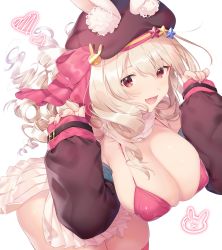 Rule 34 | 1girl, absurdres, bikini, bikini top only, blonde hair, blush, breasts, cleavage, collarbone, covered erect nipples, cowboy shot, fang, fingernails, hair between eyes, hands up, hat, hat ribbon, heart, highres, large breasts, leaning forward, legs together, long hair, long sleeves, looking at viewer, nail polish, open mouth, original, pink bikini, pink nails, pink ribbon, pink thighhighs, pleated skirt, red eyes, ribbon, side slit, sidelocks, simple background, skindentation, skirt, sleeves past wrists, smile, solo, sourenkio, standing, swimsuit, thighhighs, white background