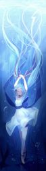 Rule 34 | 1girl, absurdly long hair, arms up, blue hair, bow, dress, closed eyes, floating hair, gloves, hatsune miku, jewelry, kojiki-life, long hair, mary janes, necklace, ribbon, shoes, smile, solo, thighhighs, twintails, underwater, very long hair, vocaloid, white dress, white thighhighs