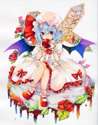 Rule 34 | 1girl, absurdres, apple, artist name, ascot, bat wings, bow, center frills, collar, cross, crossed legs, crystal, dripping, flower, food, frilled collar, frills, fruit, hair between eyes, hat, hat bow, highres, holding, holding food, holding fruit, leaf, looking at viewer, marker (medium), mary janes, mob cap, puffy short sleeves, puffy sleeves, red ascot, red bow, red eyes, red footwear, remilia scarlet, rose, shirt, shoes, short hair, short sleeves, sitting, skirt, solo, torajirou (toraneko zirou), touhou, traditional media, wavy hair, white background, white shirt, white skirt, wings, wrist cuffs