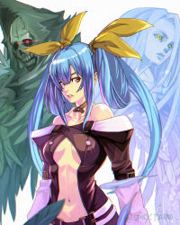 Rule 34 | 1girl, angel wings, artist name, asymmetrical wings, bare shoulders, belt, blue hair, breasts, center opening, collarbone, dizzy (guilty gear), feathers, glowing, glowing eye, guilty gear, guilty gear x, guilty gear xx, hair ribbon, large breasts, long hair, long sleeves, looking at viewer, looking to the side, low twintails, midriff, navel, necro (guilty gear), parted lips, red eyes, ribbon, solo, standing, stomach, tsuna (akmu8832), twintails, undine (guilty gear), white background, wings, yellow eyes, yellow ribbon