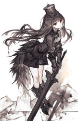 Rule 34 | 1girl, absurdres, armored boots, belt, black belt, black footwear, black hair, black hat, black jacket, black shorts, black tail, boots, brown eyes, fake tail, gauntlets, hat, highres, holding, holding sword, holding weapon, jacket, knee boots, leaning forward, long hair, long sleeves, original, shorts, solo, standing, sword, tail, weapon, white background, white neckwear, yanyan (shinken gomi)