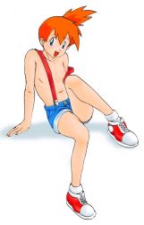 Rule 34 | 1girl, arm support, bare shoulders, blue eyes, breasts, creatures (company), game freak, gym leader, legs, looking at viewer, misty (pokemon), naked suspenders, navel, nintendo, nipples, open mouth, orange hair, pokemon, ponytail, shoes, short hair, shorts, side ponytail, simple background, sitting, smile, sneakers, solo, suspenders, white background