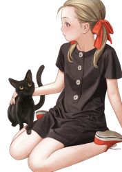 Rule 34 | 1girl, absurdres, animal, arm support, black cat, black dress, blonde hair, buttons, cat, dress, hair ribbon, highres, long hair, looking away, looking to the side, low twintails, murata range, original, parted lips, profile, purple eyes, red footwear, red ribbon, ribbon, shoes, short dress, short sleeves, simple background, sitting, sneakers, solo, twintails, wariza, white background