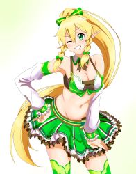 Rule 34 | 1girl, absurdres, alternate costume, blonde hair, bow, braid, breasts, cheerleader, cleavage, contrapposto, cowboy shot, crop top, detached collar, detached sleeves, floating hair, green bow, green eyes, green skirt, green thighhighs, grin, groin, hair between eyes, hair bow, hand on own hip, high ponytail, highres, ken-ji, layered skirt, leafa, long hair, long sleeves, medium breasts, midriff, miniskirt, navel, one eye closed, pleated skirt, pointy ears, sidelocks, simple background, skirt, smile, solo, standing, stomach, sword art online, thighhighs, twin braids, very long hair, white background, white sleeves, wing collar, zettai ryouiki