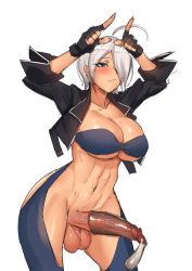 Rule 34 | 1futa, ahoge, angel (kof), arms up, black gloves, black jacket, blue eyes, blush, collarbone, condom, cum, eyes visible through hair, fingerless gloves, fingernails, futanari, gloves, hair over one eye, highres, jacket, navel, parted lips, penis, shiny skin, short hair, simple background, sketch, sleeves rolled up, smile, solo, stormcow, testicles, the king of fighters, toned, uncensored, used condom, veins, veiny penis, white background, white hair