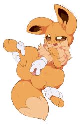 Rule 34 | 1girl, animal ears, animal hands, anus, artist name, blush, brown eyes, creatures (company), disembodied limb, eevee, fang, feet, female focus, fox ears, fox tail, from above, full body, furry, furry female, game freak, gen 1 pokemon, hand up, highres, lying, napdust, nintendo, nude, on back, open mouth, pokemon, pokemon (creature), pokemon rgby, pussy, simple background, solo, spread legs, spread pussy, tail, teeth, text focus, uncensored, watermark, web address, white background