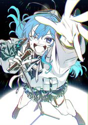 Rule 34 | 1girl, blue eyes, blue hair, boots, bow, bowtie, chromatic aberration, collared shirt, full body, hat, highres, holding, holding microphone stand, hololive, hoshimachi suisei, jacket, legs apart, long hair, long sleeves, looking at viewer, looking up, microphone, microphone stand, miniskirt, one eye closed, open mouth, otama (atama ohanabatake), outstretched arm, outstretched arms, partially colored, reaching, reaching towards viewer, shirt, skirt, smile, solo, standing, star (symbol), star in eye, sweat, symbol in eye, thigh strap, v-shaped eyebrows, virtual youtuber