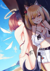 Rule 34 | 3girls, ahoge, animal ears, arknights, bare shoulders, beach, bikini, black hair, blonde hair, blue sky, brown eyes, cloud, commentary request, cowboy shot, crying, crying with eyes open, day, exusiai (arknights), flower, hair flower, hair ornament, halo, highres, jacket, kiss, long sleeves, looking at viewer, miniskirt, multiple girls, navel, off shoulder, official alternate costume, open clothes, open jacket, open mouth, outdoors, red flower, red hair, short hair, side-tie bikini bottom, skirt, sky, sora (arknights), sora (summer flowers) (arknights), standing, stomach, swimsuit, tail, tears, texas (arknights), twintails, water, white bikini, white skirt, wolf ears, wolf tail, yatsucchie, yuri