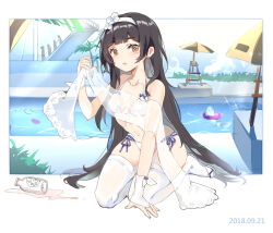 Rule 34 | 1girl, bikini, black hair, blue sky, blush, bottle, breasts, bridal gauntlets, cleavage, cloud, dated, day, flower, girls&#039; frontline, gloves, hair flower, hair ornament, hairband, halterneck, kneeling, large breasts, leaning forward, long hair, looking at viewer, navel, official alternate costume, open mouth, outdoors, outside border, poolside, rero (bigdoorbig2), sandals, shawl, side-tie bikini bottom, sidelocks, sky, smile, solo, spill, stomach, swimsuit, thighhighs, type 95 (girls&#039; frontline), type 95 (summer cicada) (girls&#039; frontline), umbrella, very long hair, water, white bikini, white footwear, white gloves, white hairband, white thighhighs, yellow eyes