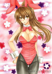 Rule 34 | 1girl, animal ears, bare shoulders, blush, bow, bowtie, breasts, brown eyes, brown hair, cleavage, detached collar, fake animal ears, gender request, genderswap, kyonko, large breasts, long hair, looking at viewer, marker (medium), open mouth, pantyhose, playboy bunny, rabbit ears, solo, standing, suzumiya haruhi no yuuutsu, takecha, thigh gap, traditional media, wrist cuffs