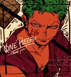 Rule 34 | !, 1boy, black eyes, closed mouth, commentary request, english text, facial mark, green hair, highres, larugo0513, male focus, one piece, roronoa zoro, short hair, solo, toothpick
