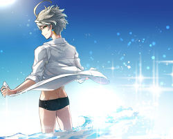 Rule 34 | 1boy, ainchase ishmael, bad id, bad pixiv id, clothes lift, earrings, elsword, highres, icedango (dpopic3), jewelry, shirt lift, smile, sparkle, swimsuit, water, waves