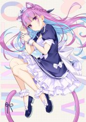 Rule 34 | 1girl, ahoge, anchor symbol, animal ear fluff, animal ears, ankle cuffs, blue bow, blue bowtie, blue dress, blue footwear, blue hair, blue nails, blush, bow, bowtie, braid, breasts, cat ears, cat girl, cat tail, center opening, character name, cleavage, closed mouth, commentary, dress, french braid, frilled dress, frills, from above, full body, grid background, highres, hololive, icomochi, kemonomimi mode, large bow, light blue hair, long hair, looking at viewer, lying, maid headdress, medium breasts, minato aqua, multicolored hair, nail polish, on side, puffy short sleeves, puffy sleeves, purple eyes, purple hair, ribbon, shoes, short sleeves, solo, streaked hair, tail, tail ornament, tail ribbon, two-tone hair, virtual youtuber, white bow, wrist cuffs
