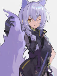 Rule 34 | 1girl, animal ears, arknights, asususususu, braid, closed mouth, gloves, grey background, hair between eyes, hand on own hip, highres, large tail, looking at viewer, medium hair, one eye closed, provence (arknights), purple gloves, purple hair, short sleeves, simple background, smile, solo, tail, wolf ears, wolf girl, wolf tail, yellow eyes