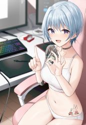 Rule 34 | 1girl, absurdres, ashtray, blue hair, chair, choker, cigarette pack, crop top, desk, drawing tablet, flower, hands up, highres, irezumi, jewelry, keyboard (computer), looking at viewer, midriff, monitor, mouse (computer), mousepad (object), navel, open mouth, original, panties, ring, rose, shengtian, shirt, short hair, sitting, smile, solo, stomach, stylus, tattoo, toilet paper, underwear, white panties, white shirt