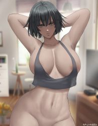 Rule 34 | 1girl, areola slip, arms behind head, artist name, blush, bottomless, breasts, collarbone, crop top, curvy, fubuki (one-punch man), green eyes, green hair, highres, indoors, large breasts, looking at viewer, medium hair, navel, no bra, one-punch man, oroborus, out-of-frame censoring, parted lips, solo, standing, stomach, wide hips