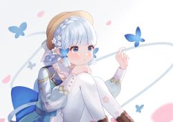 Rule 34 | 1girl, absurdres, ass, ayaka (genshin impact), blunt bangs, bow-shaped hair, braid, bug, butterfly, commentary request, detached collar, flower, french braid, genshin impact, grey eyes, grey hair, hair flower, hair ornament, harumochi michiru, hat, highres, insect, kamisato ayaka, kamisato ayaka (springbloom missive), knees to chest, knees up, long hair, long sleeves, official alternate costume, official alternate hairstyle, pantyhose, parted lips, sidelocks, simple background, sitting, solo, straw hat, sun hat, white background, white pantyhose