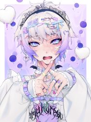 Rule 34 | 1boy, absurdres, bad id, bad pixiv id, crossed fingers, earrings, fang, grey hair, hair ornament, hairclip, highres, jewelry, looking at viewer, maid headdress, male focus, mazamuno, nail polish, open mouth, original, short hair, simple background, skin fang, sleeves past wrists, solo, upper body, white nails, x fingers