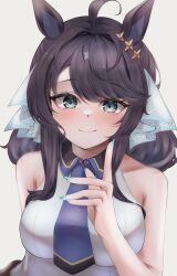 Rule 34 | 1girl, absurdres, ahoge, black hair, blue eyes, blush, breasts, closed mouth, commentary request, daring tact (umamusume), fingernails, hair ornament, highres, horse girl, looking at viewer, medium breasts, medium hair, simple background, sleeveless, solo, taishi karibe, umamusume, white background