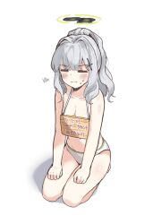 Rule 34 | 1girl, absurdres, areola slip, blue archive, blush, breasts, cleavage, closed eyes, closed mouth, collarbone, cross hair ornament, grey hair, hair ornament, halo, hare (blue archive), highres, korean commentary, long hair, mureniii, panties, ponytail, punishment, seiza, simple background, sitting, small breasts, solo, underwear, white background, white panties