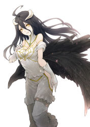 Rule 34 | 1girl, albedo (overlord), black hair, hip vent, horns, kyoeiki, long hair, overlord (maruyama), simple background, solo, yellow eyes
