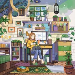 Rule 34 | 1girl, absurdres, blue eyes, blush, book, brown hair, cat, chair, closed mouth, denim, desk, green footwear, hanging plant, highres, indoors, jeans, long hair, mituhati, original, pants, plant, potted plant, sitting, slippers, smile, solo, window