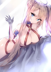 Rule 34 | 1girl, ass, bed sheet, blonde hair, blue eyes, bradamante (fate), bradamante (third ascension) (fate), breasts, cleavage, collarbone, dutch angle, elbow gloves, fate/grand order, fate (series), gloves, head tilt, large breasts, long hair, lying, on stomach, solo, sora 72-iro, twintails