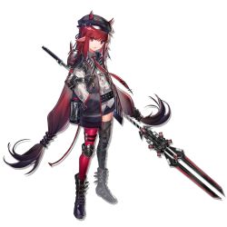 Rule 34 | 1girl, arknights, armor, asymmetrical legwear, belt, black belt, black footwear, black hair, black hat, boots, cabbie hat, full body, gradient hair, grey vest, hair ornament, hairclip, hand in pocket, hat, horns, horns through headwear, knee pads, long hair, long sleeves, low-tied long hair, mismatched legwear, multicolored hair, official art, pauldrons, pointy ears, polearm, red eyes, red hair, shirt, shoulder armor, sidelocks, solo, spear, standing, thighhighs, transparent background, very long hair, vest, vigna (arknights), weapon, white shirt, xiayehongming
