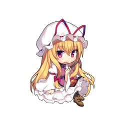 Rule 34 | 1girl, blonde hair, bow, brown footwear, chibi, dress, full body, hair bow, hand fan, hat, hat ribbon, holding, holding fan, long hair, long sleeves, looking at viewer, mob cap, open mouth, red bow, red eyes, red ribbon, ribbon, simple background, solo, tabard, touhou, transparent background, white background, white dress, white hat, wide sleeves, yada (xxxadaman), yakumo yukari