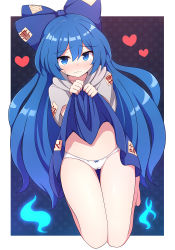 Rule 34 | 1girl, barefoot, blue bow, blue eyes, blue hair, blue skirt, blush, border, bow, cameltoe, closed mouth, clothes lift, full body, grey hoodie, hair between eyes, hair bow, heart, hood, hoodie, lifting own clothes, long hair, panties, rizento, short sleeves, skirt, skirt lift, solo, touhou, underwear, white border, white panties, yorigami shion