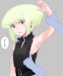 Rule 34 | 1boy, androgynous, arm up, armpits, bad id, bad twitter id, belt, black jacket, earrings, green hair, jacket, jewelry, lio fotia, male focus, nipples, ns1123, open mouth, promare, purple eyes