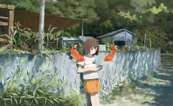 Rule 34 | 1girl, against wall, brown eyes, brown hair, building, day, fish, fish request, fjsmu, flower pot, flying fish, grass, guard rail, handheld game console, highres, holding, holding handheld game console, looking down, medium hair, orange shirt, orange shorts, original, outdoors, plant, playing games, potted plant, road sign, scenery, shirt, short sleeves, shorts, sign, solo, striped clothes, striped shirt, t-shirt, tree, two-tone shirt, white shirt