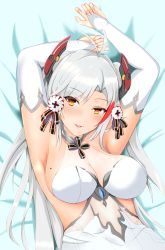 Rule 34 | 1girl, alternate costume, antenna hair, armpits, arms up, azur lane, bed sheet, blue gemstone, blush, breasts, bridal gauntlets, brown eyes, commentary, dress, gem, gloves, hair between eyes, hair ornament, headgear, highres, large breasts, long hair, looking at viewer, lying, mole, mole on breast, multicolored hair, on back, open mouth, parted lips, prinz eugen (azur lane), prinz eugen (symphonic fate) (azur lane), red hair, see-through, shira hon, silver hair, smile, solo, streaked hair, two side up, very long hair, wedding dress, white dress, white gloves